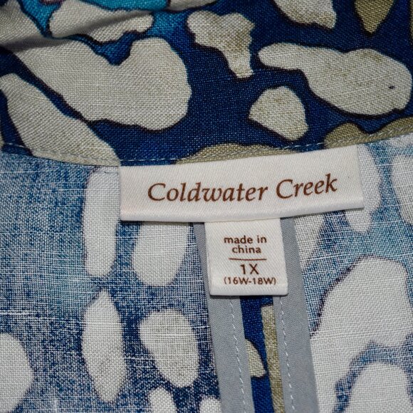 Coldwater Creek 1X Plus Size | Blue Tan Abstract Print Linen Blend Blazer Jacket - Picture 5 of 5